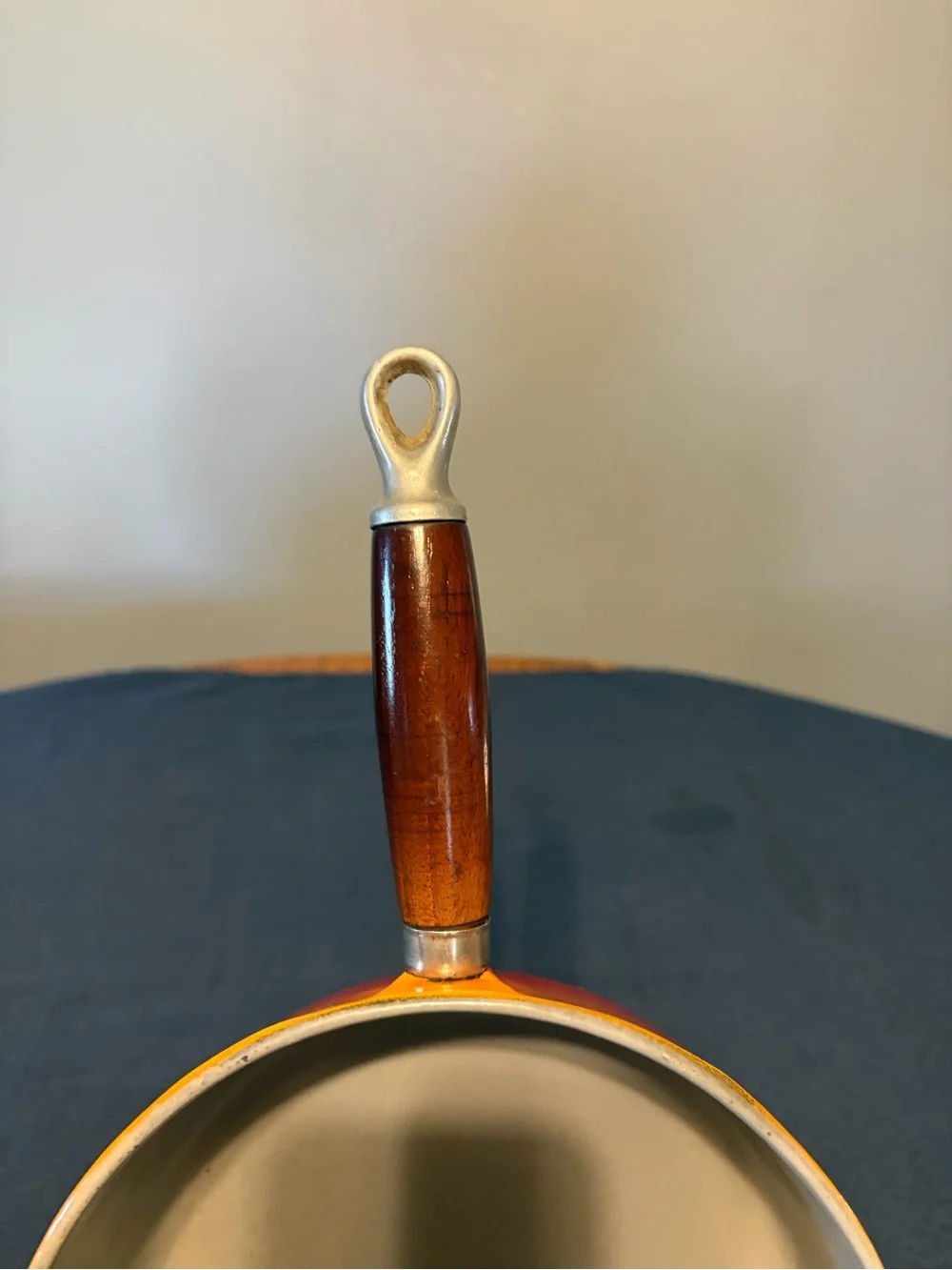 Vintage Le Creuset P20 Orange to Red Flame Gradient Enamel Saucepan with Lid.